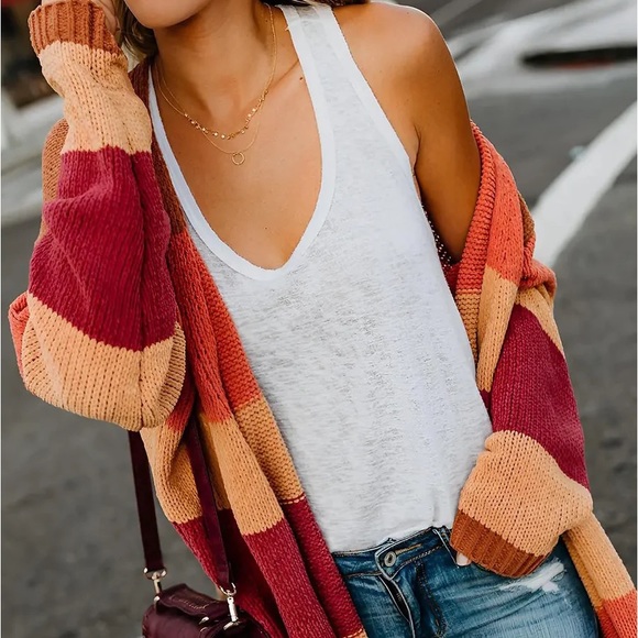 Autumn Colorblock boho Stripes Knit Open Front Cardigan Casual stripes - Picture 2 of 13